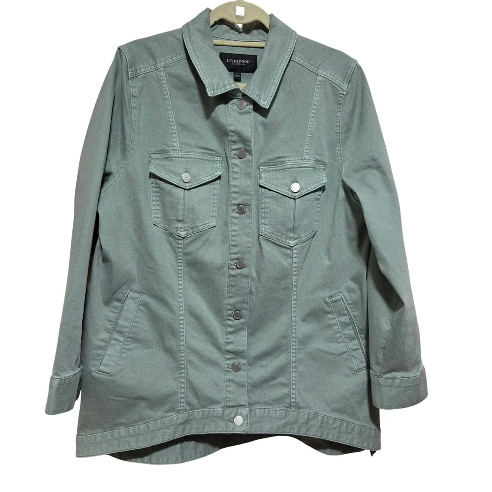Liverpool Los Angeles Sage Green High Low Stretch Denim Jacket 1X